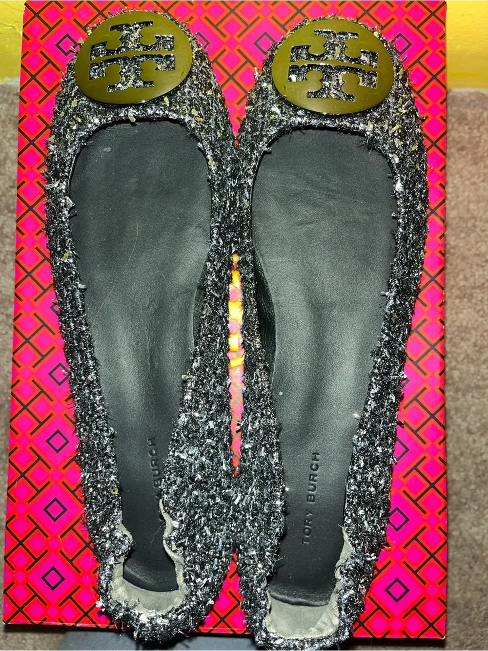 Tory Burch Silver Tweed Logo Ballet Flats